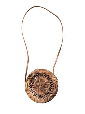 Vintage Wicker Crossbody Bag Leather Strap Bali Purse Boho Rattan Round Woven